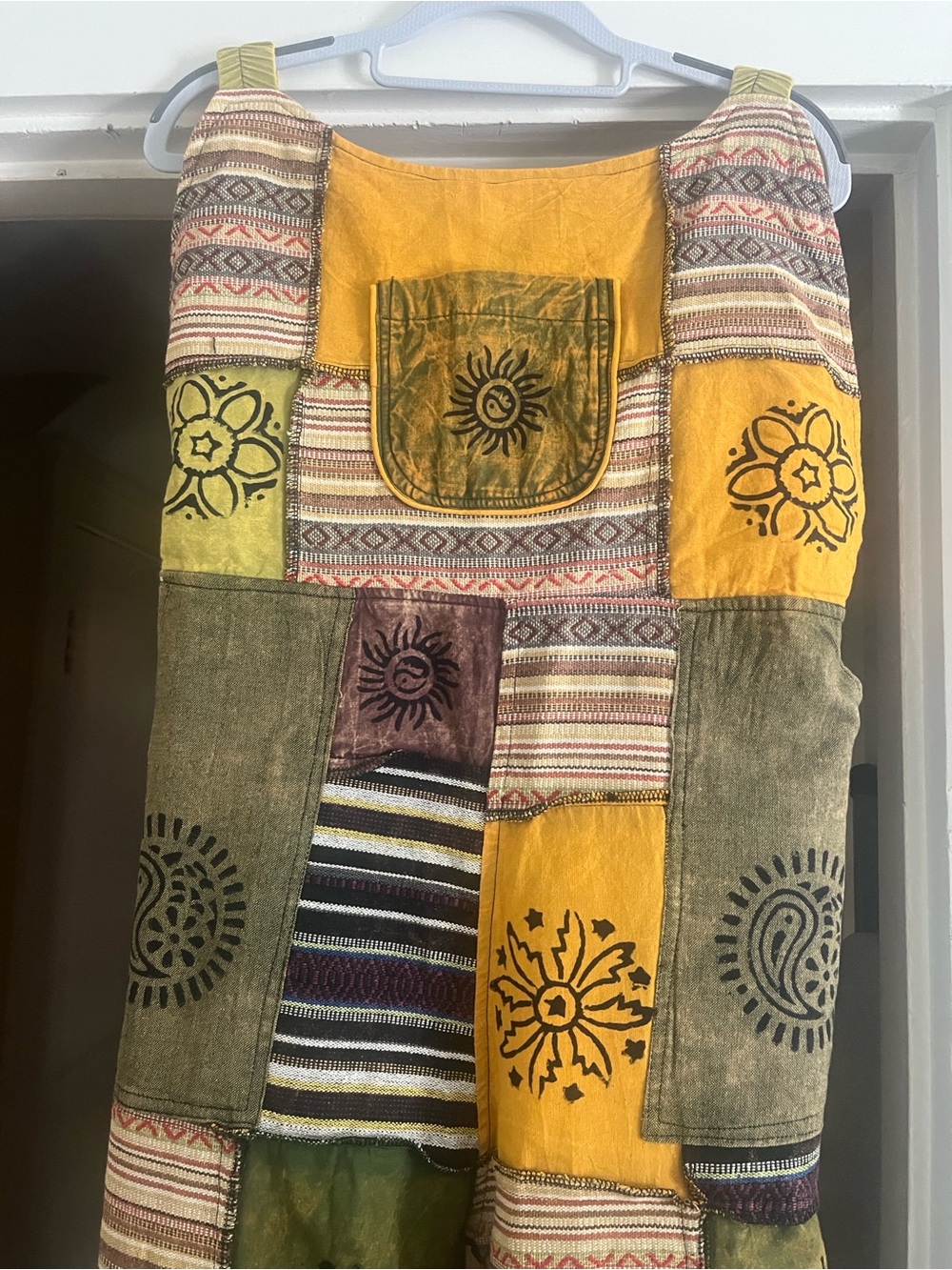 Bohemian patchwork overalls Beautiful shades of mustard green black very unique.